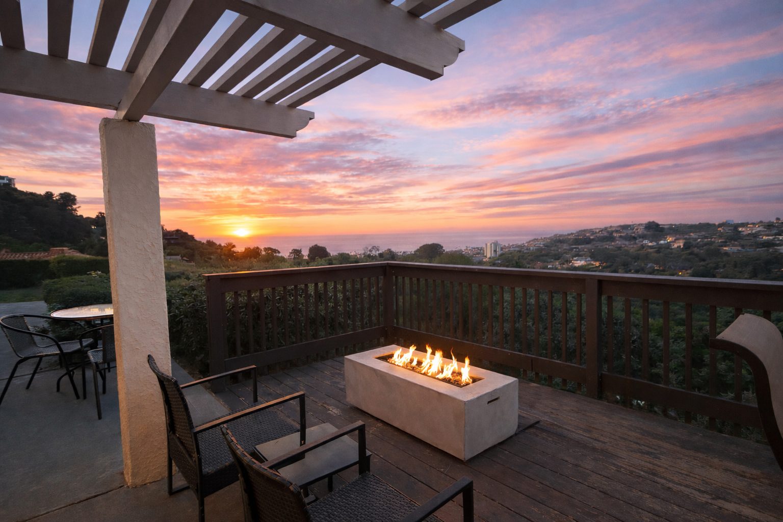 Sunset fire-pit deck with ocean view